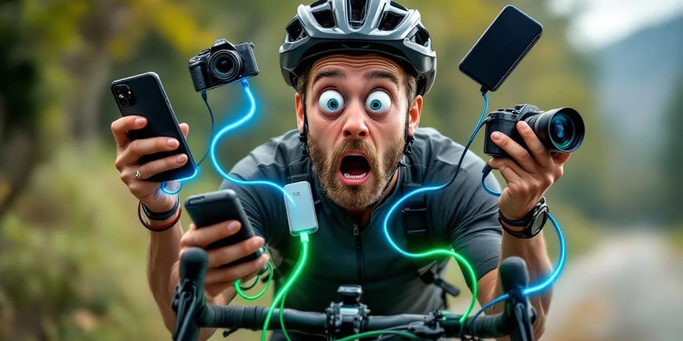 USB-Geräte aufladen Alpencross, Bikepacking (Bild KI-Generiert)