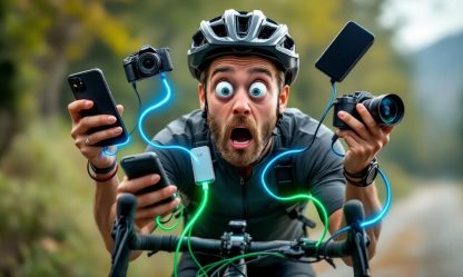 USB-Geräte aufladen Alpencross, Bikepacking (Bild KI-Generiert)