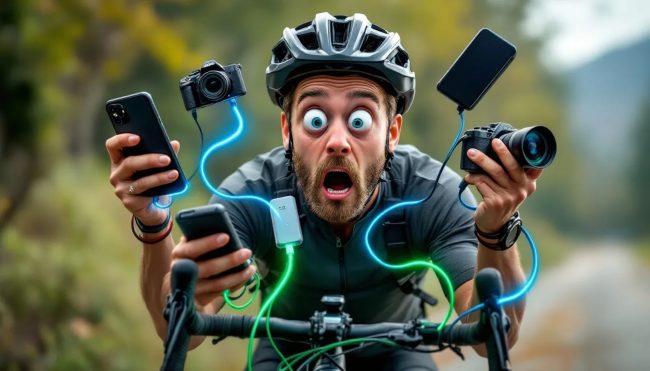 USB-Geräte aufladen Alpencross, Bikepacking (Bild KI-Generiert)