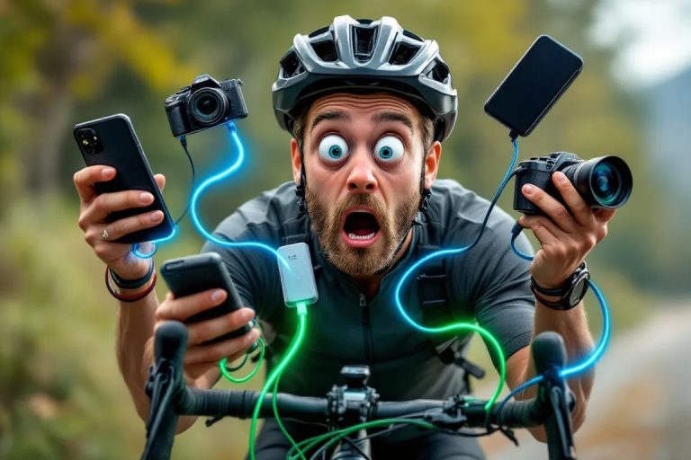 USB-Geräte aufladen Alpencross, Bikepacking (Bild KI-Generiert)