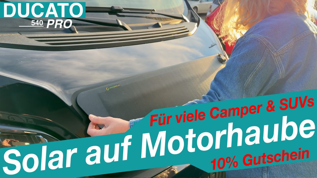 Solarpanel auf der Motorhaube – einfache Montage ohne Bohren – Schutzfolie für den Lack – optional Komplett-Kits mit Regler & Zubehör – Versand direkt aus Deutschland (keine Zollkosten)