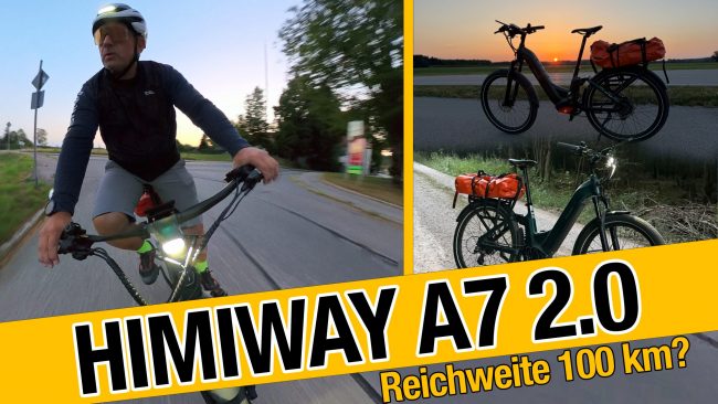 Himiway A7 2.0 Reichweite – Heiko beim Pendeln und das Bike bei Sonnenuntergang