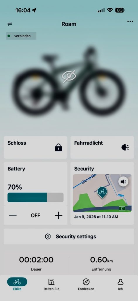 MapFour Roam Ride Guide App Hauptscreen – Schloss Fahrradlicht Akku 70 Prozent GPS Karte
