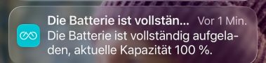 MapFour Roam App Sperrbildschirm Benachrichtigung Batterie vollständig aufgeladen 100 Prozent