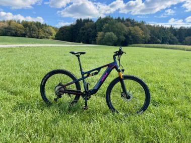 Vakole EMT29 12S E-MTB freistehend auf einer Wiese vor Waldkulisse