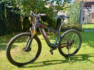 Vakole EMT29 12S E-MTB im Garten, Seitenansicht der Vollfederung