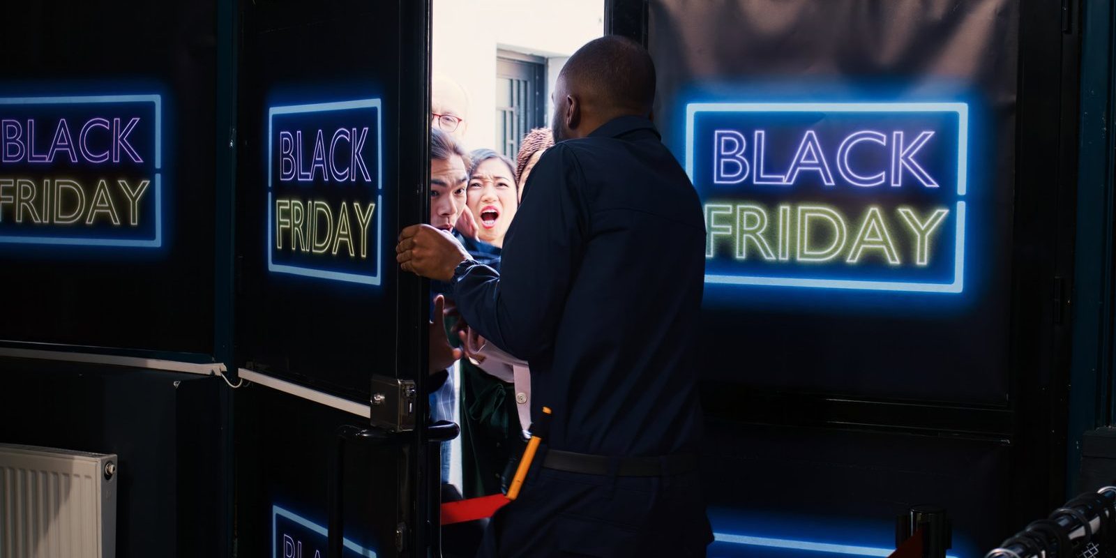 Kunden drängen zur Black-Friday-Aktion in ein Geschäft mit Neonschild